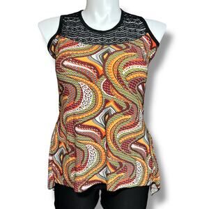 Laura Womens Swing Top Blouse Tank Top Lace Collar Orange Abstract Print Large